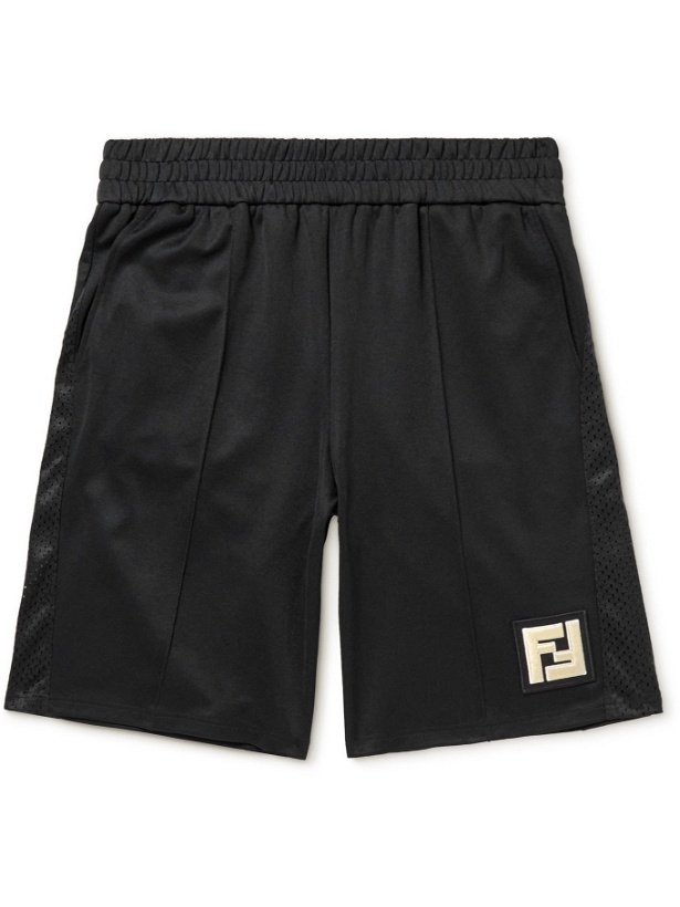 Photo: FENDI - Wide-Leg Logo-Appliquéd Mesh-Panelled Tech-Jersey Shorts - Black