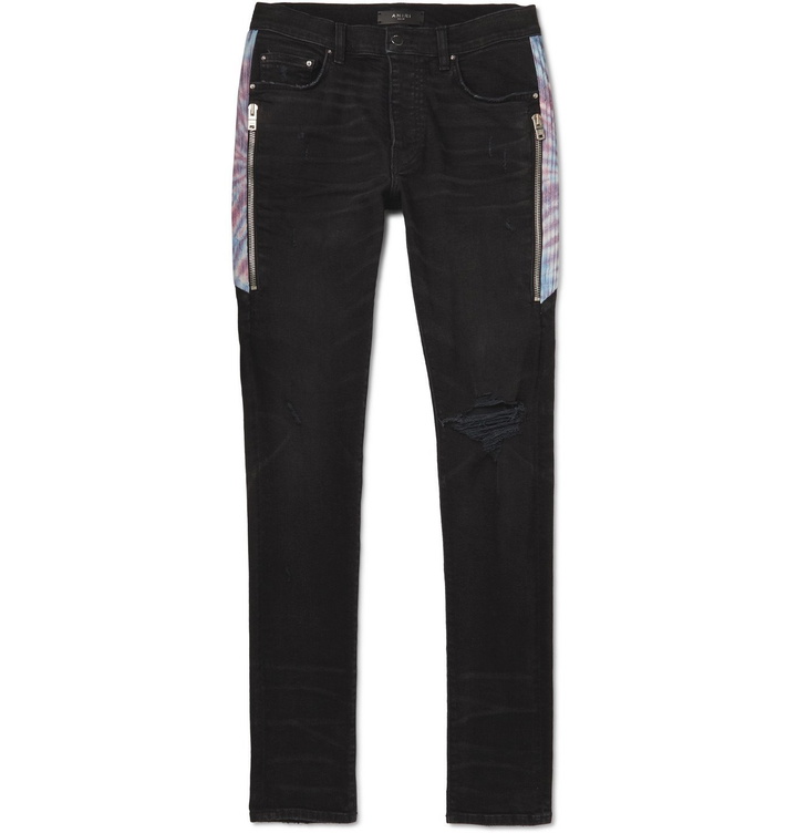 Photo: AMIRI - Half Track Skinny-Fit Panelled Distressed Stretch-Denim Jeans - Black