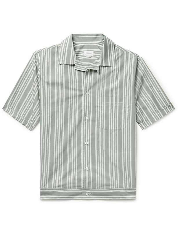 Photo: BRIONI - Camp-Collar Striped Cotton-Poplin Shirt - Green
