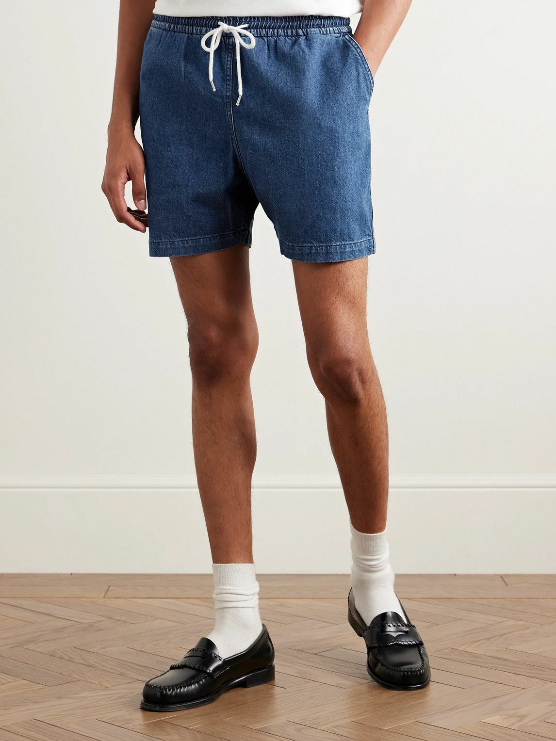 Drake's - Slim-Fit Straight-Leg Stone-Washed Denim Drawstring Shorts - Blue