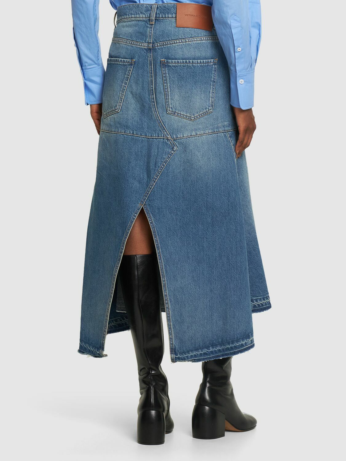 VICTORIA BECKHAM - Fit & Flare Patched Denim Midi Skirt