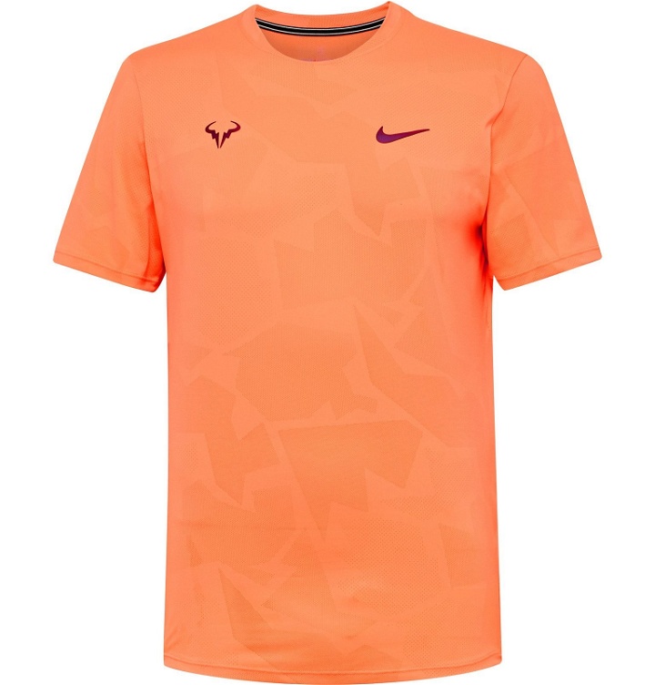 Photo: Nike Tennis - NikeCourt Rafa Logo-Print AeroReact Jersey Tennis T-Shirt - Orange