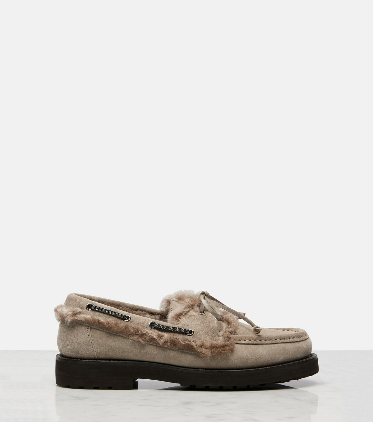 Brunello Cucinelli Monili shearling-trimmed suede boat shoes