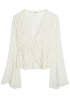 Free People Whispering Love Lace Cropped Blouse Cream