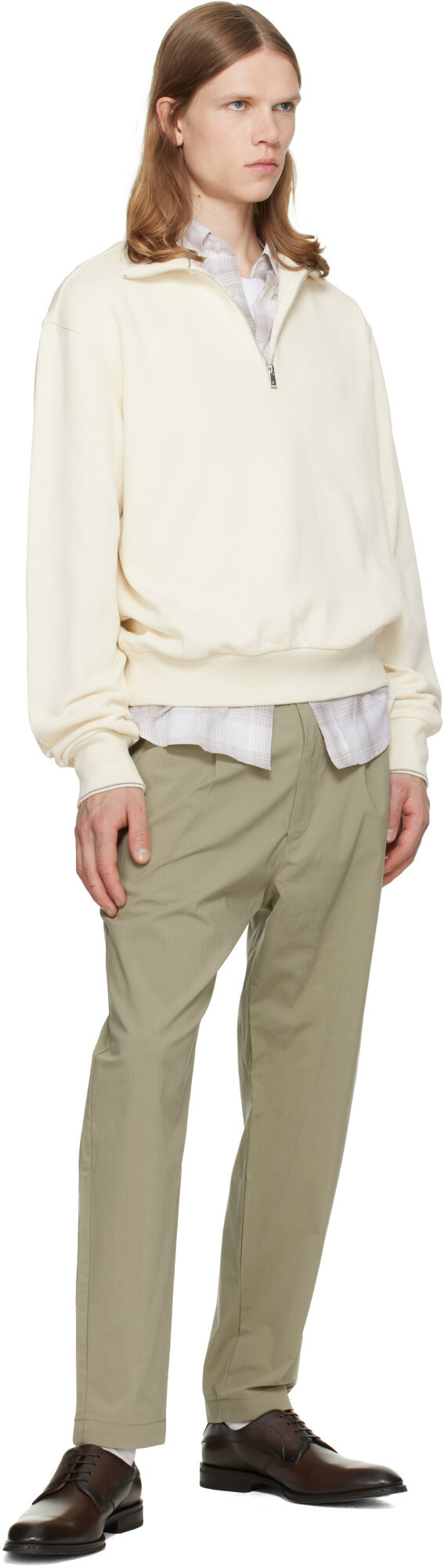 BOSS Off-White Zipper Neck Structured Cotton Sweatshirt