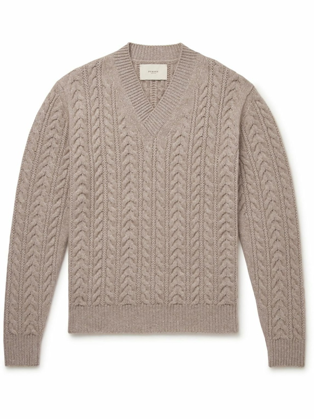 Photo: Purdey - Slim-Fit Cable-Knit Cashmere and Linen-Blend Sweater - Brown