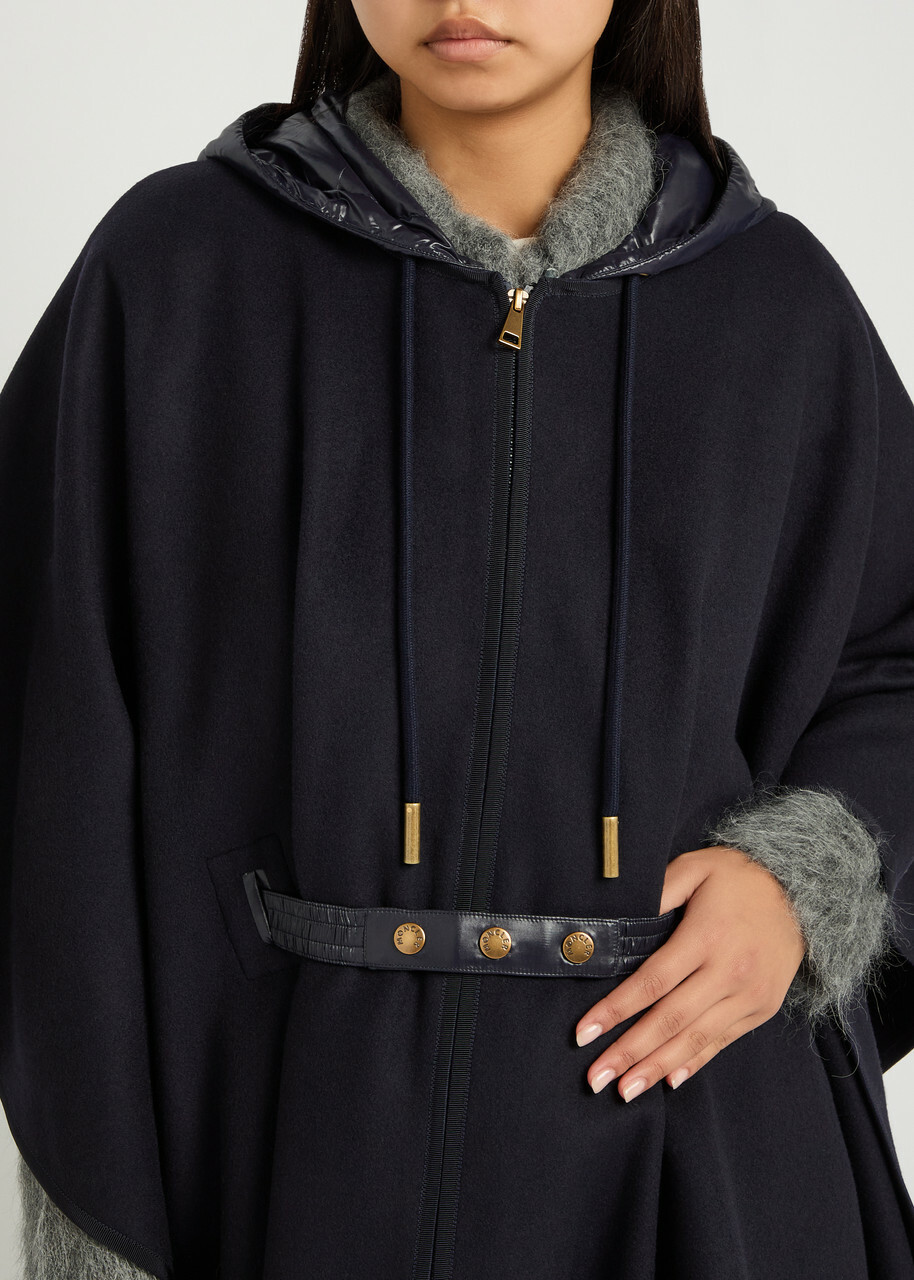 Moncler Hooded Belted Wool-blend Cape Coat - Navy - One Size