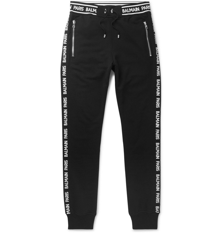 Photo: Balmain - Slim-Fit Tapered Logo-Trimmed Loopback Cotton-Jersey Sweatpants - Men - Black