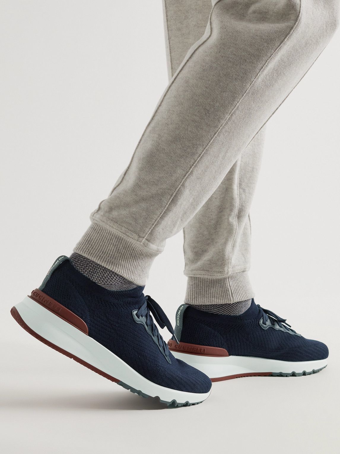 Brunello Cucinelli - Leather-Trimmed Stretch-Knit Sneakers