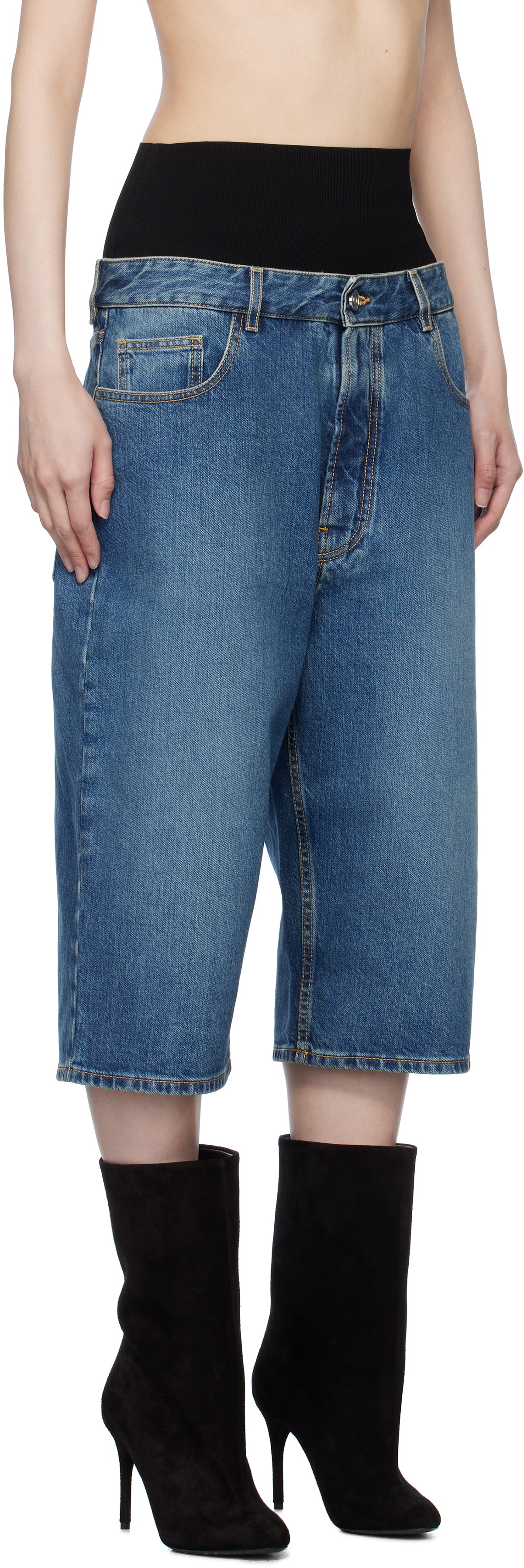 ALAÏA Blue Knitted Waistband Denim Bermuda Shorts