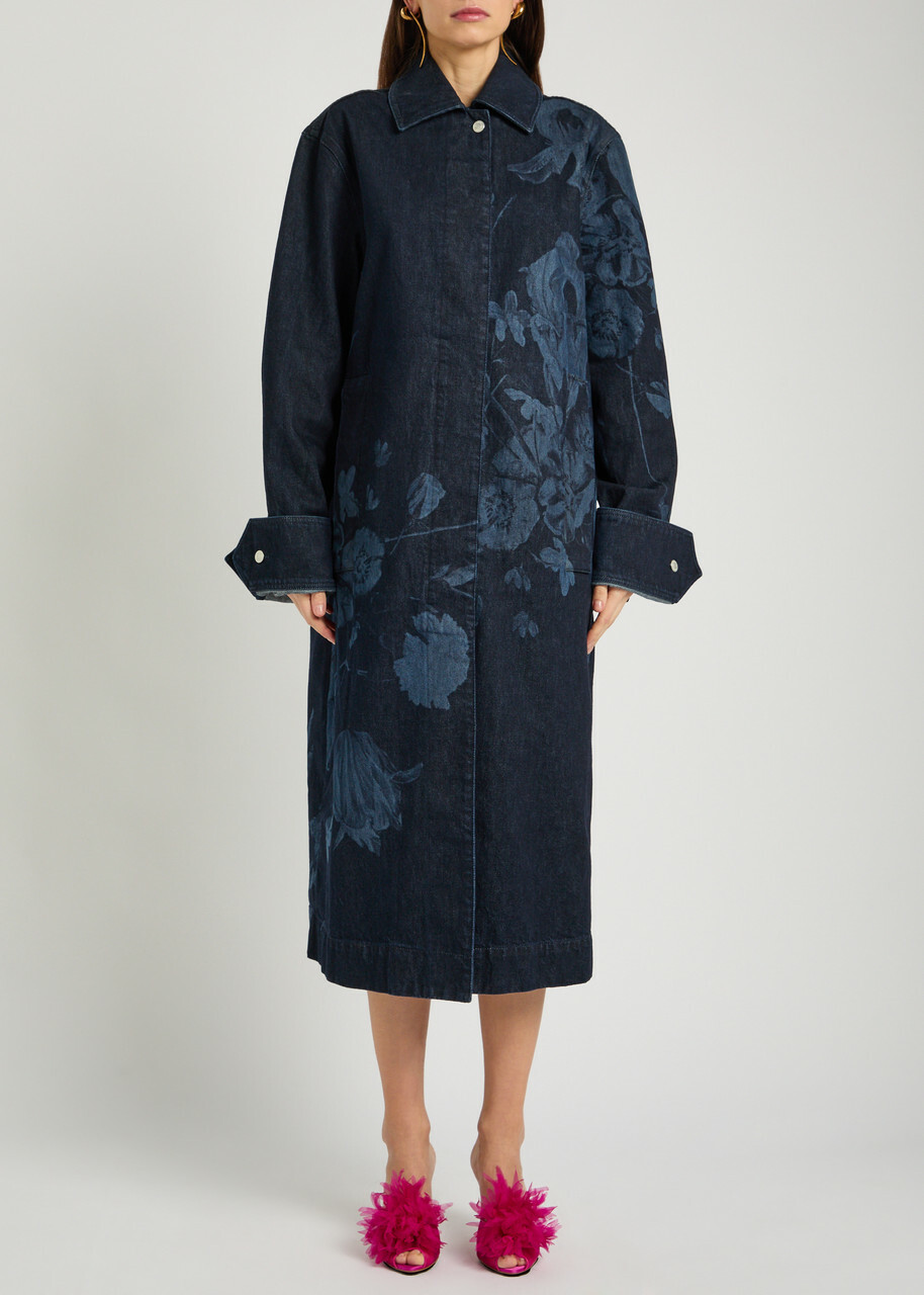 Erdem Floral-print Denim Coat Indigo