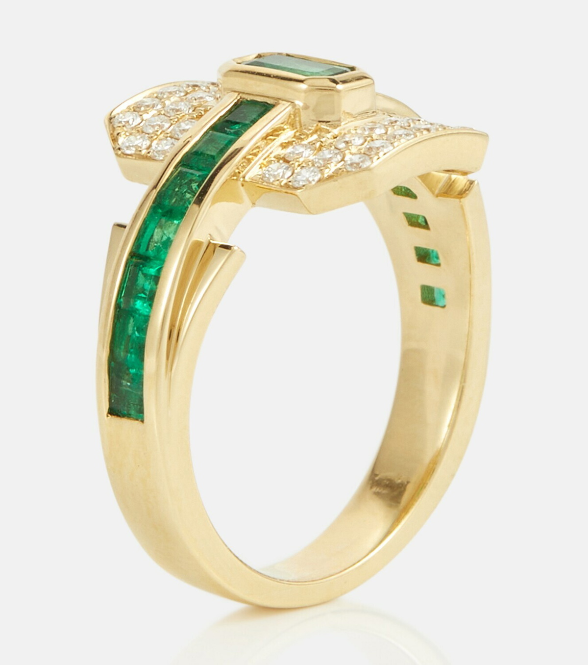 Rainbow K Shield 18kt gold ring with diamonds and emeralds