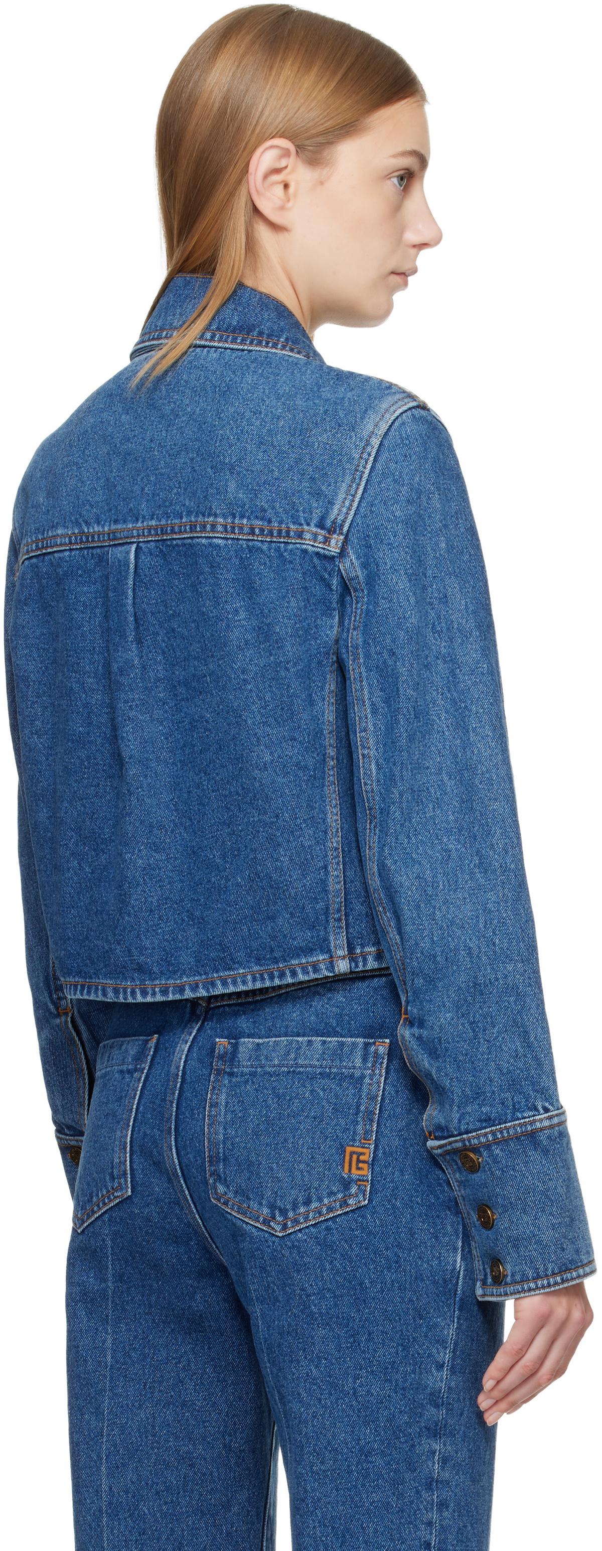 Balmain Blue Cropped Faded Denim Jacket