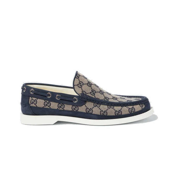 Photo: Gucci GG leather-trimmed canvas boat shoes