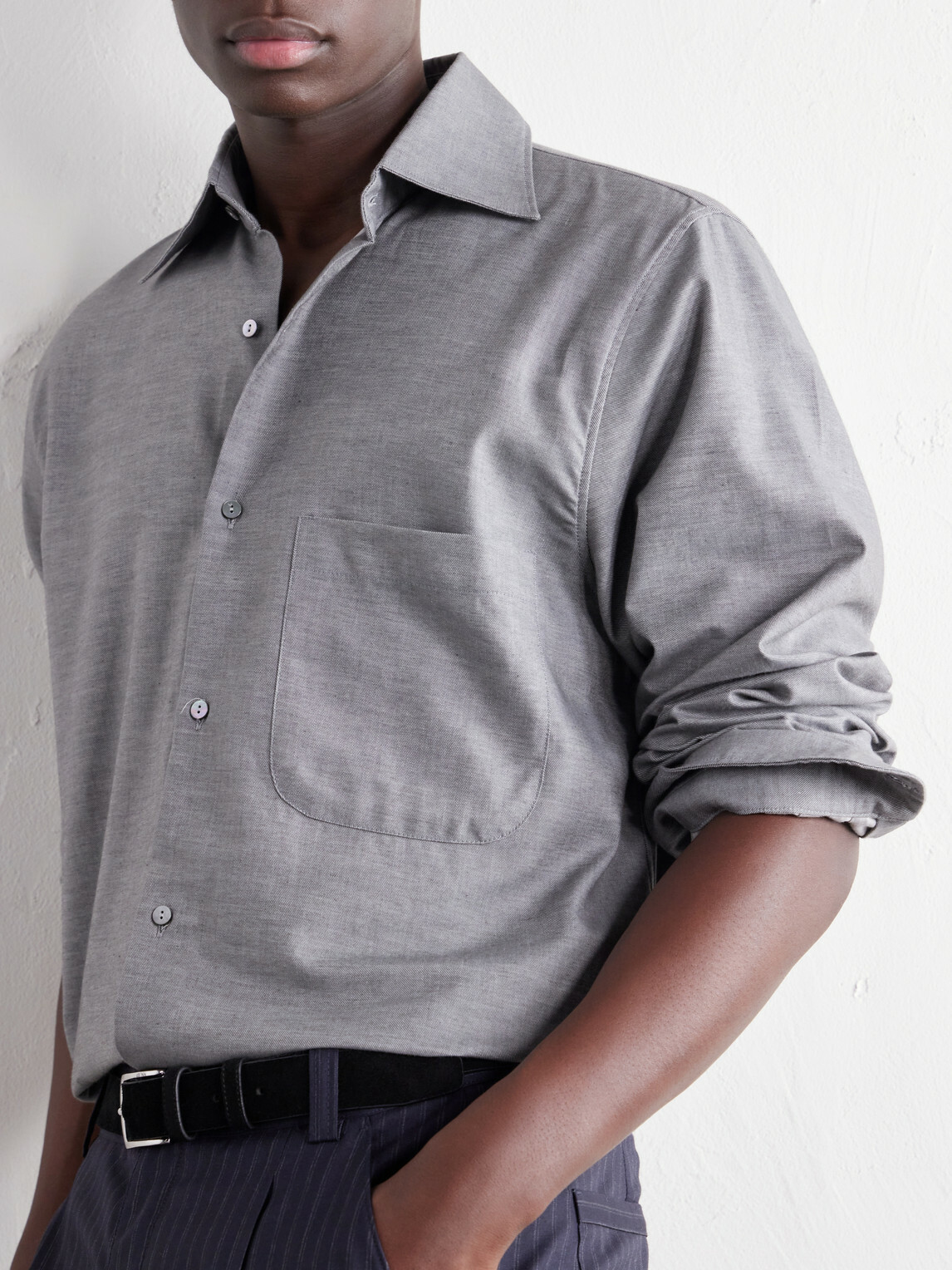 Stòffa - Spread-Collar Brushed Cotton Woven Shirt - Gray