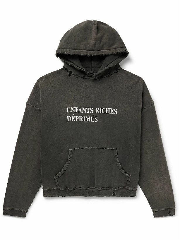 Photo: Enfants Riches Déprimés - Logo-Print Distressed Cotton-Jersey Hoodie - Gray
