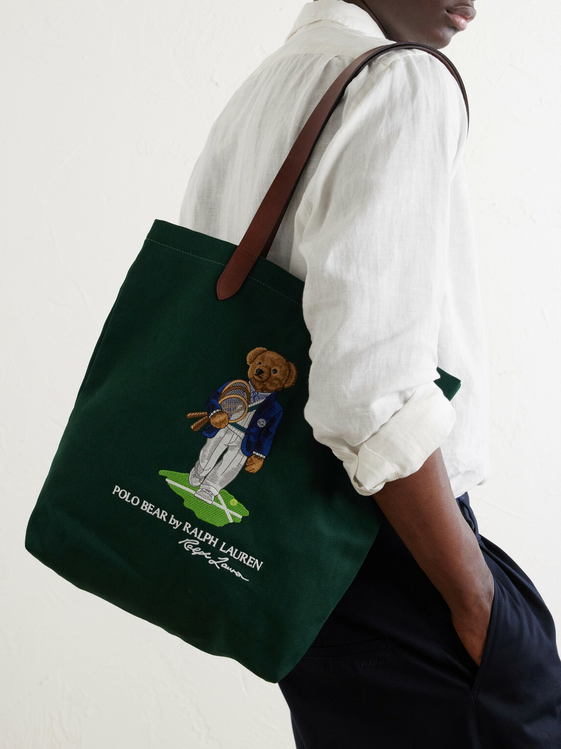 Polo Ralph Lauren - <ul> <li>Wimbledon Embroidered Leather-Trim Medium Cotton Tote Bag</li> </ul>