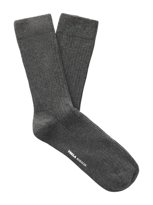 Photo: TEKLA - Auralee Ribbed Organic Cotton-Blend Socks - Gray