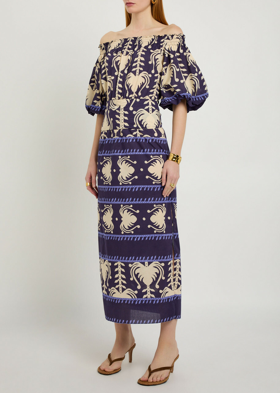 Johanna Ortiz Harbour Hues Patterned Cotton-poplin Midi Dress Beige
