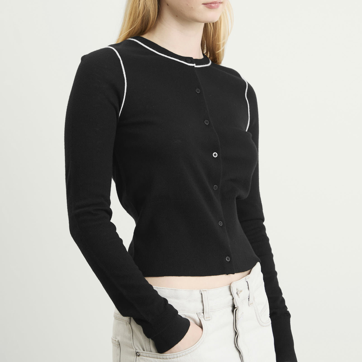 ST. Agni Women's Wool Fine Line Cardigan in Black/Off White