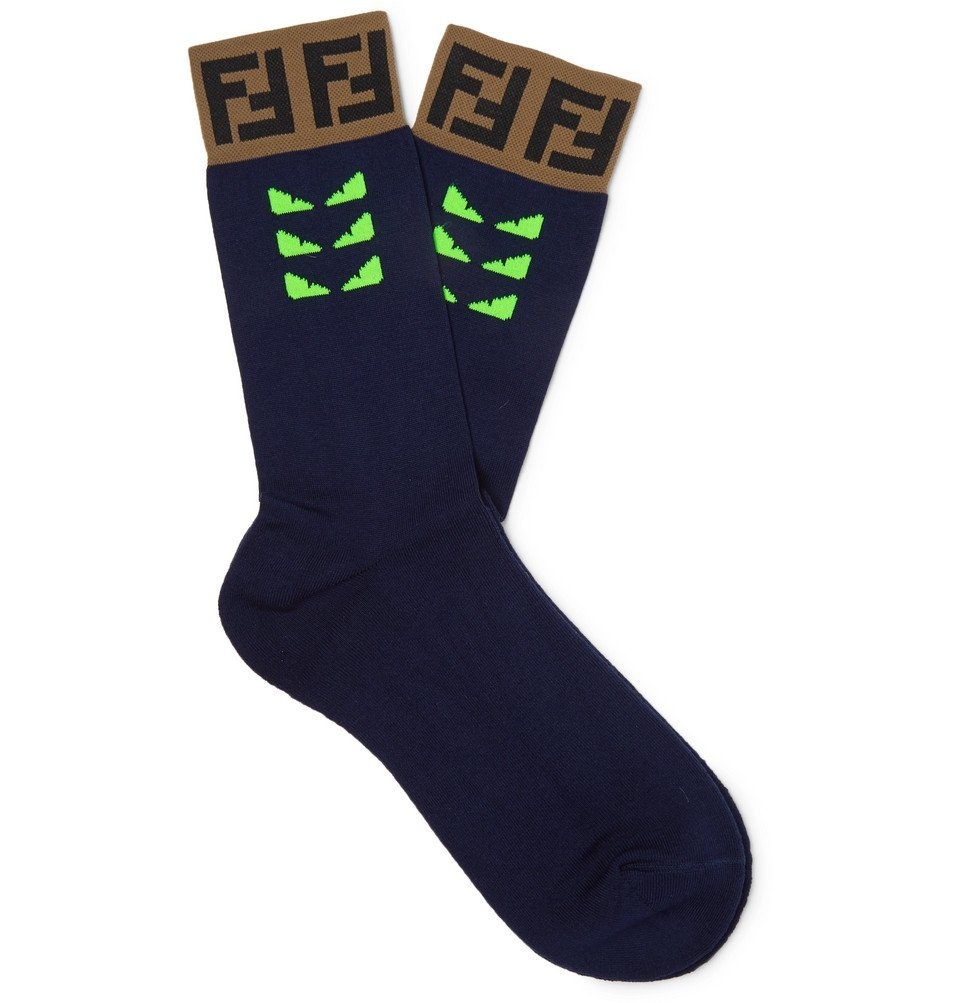 Photo: Fendi - Logo-Intarsia Stretch Cotton-Blend Socks - Navy