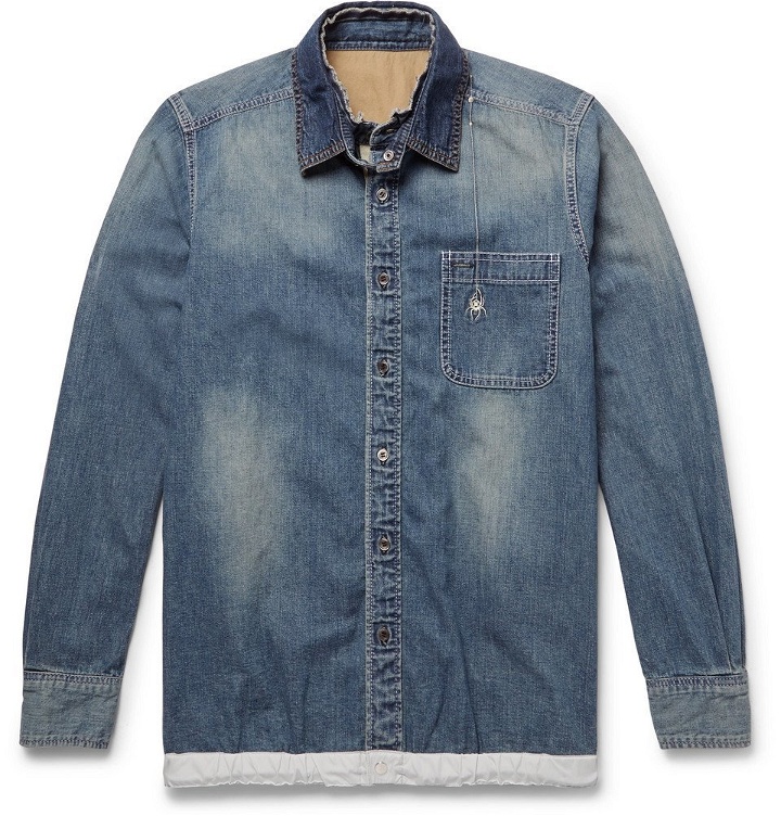 Photo: Sacai - Dr. Woo Embroidered Shell and Grosgrain-Trimmed Denim Shirt - Blue