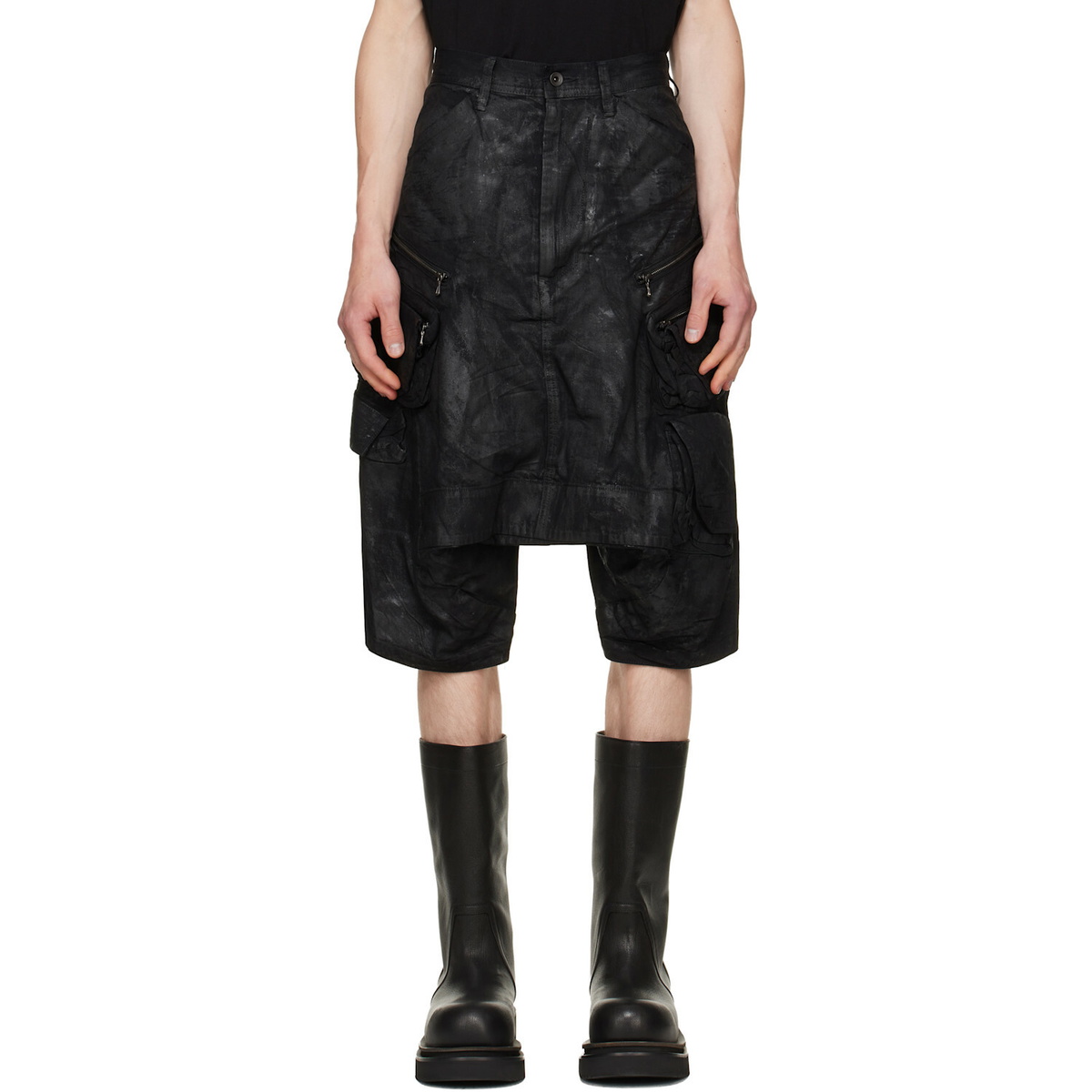 Julius Black Coated Tactical Kite Denim Shorts