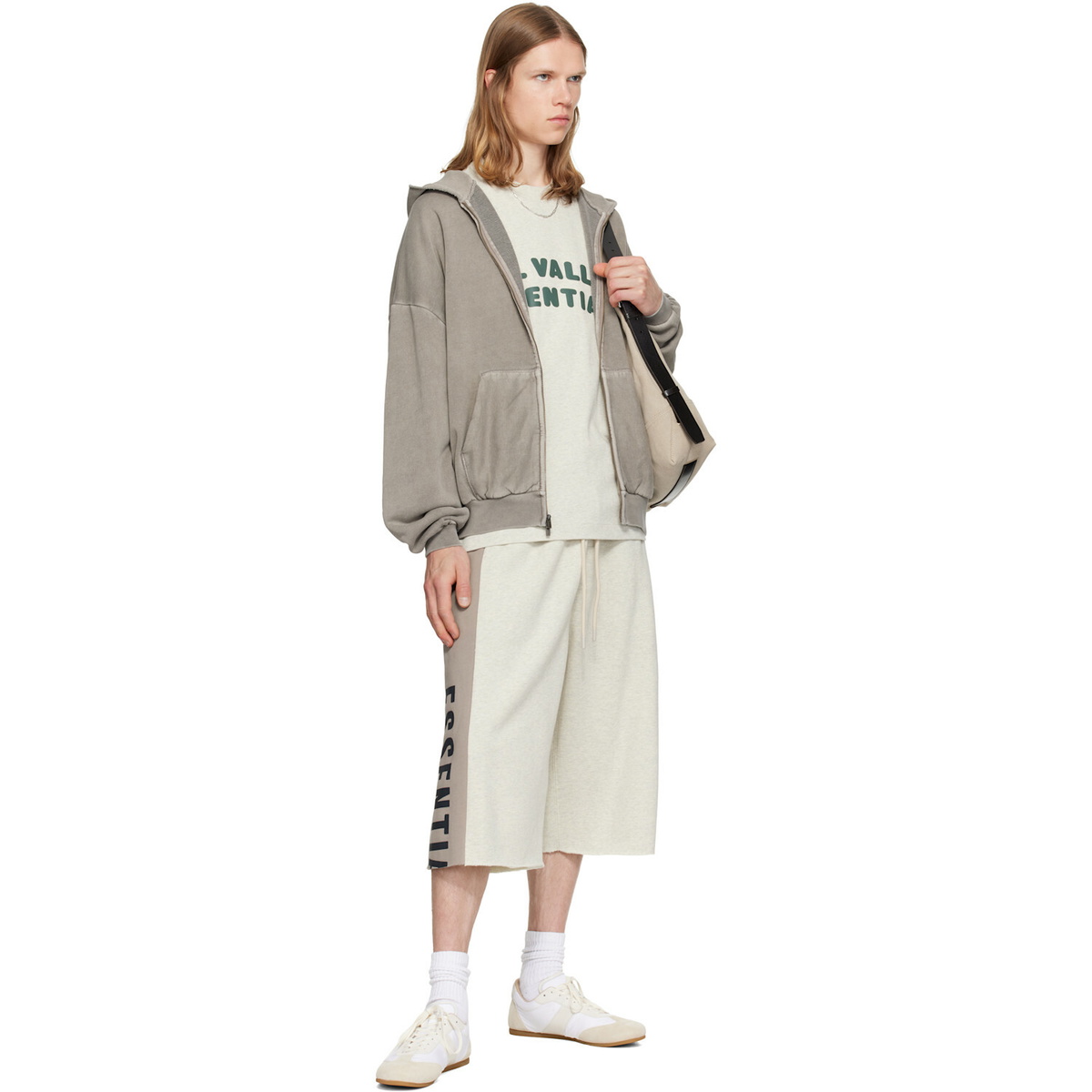 Fear of God ESSENTIALS Beige & Gray Panelled Raw Cut Off Sweat Shorts