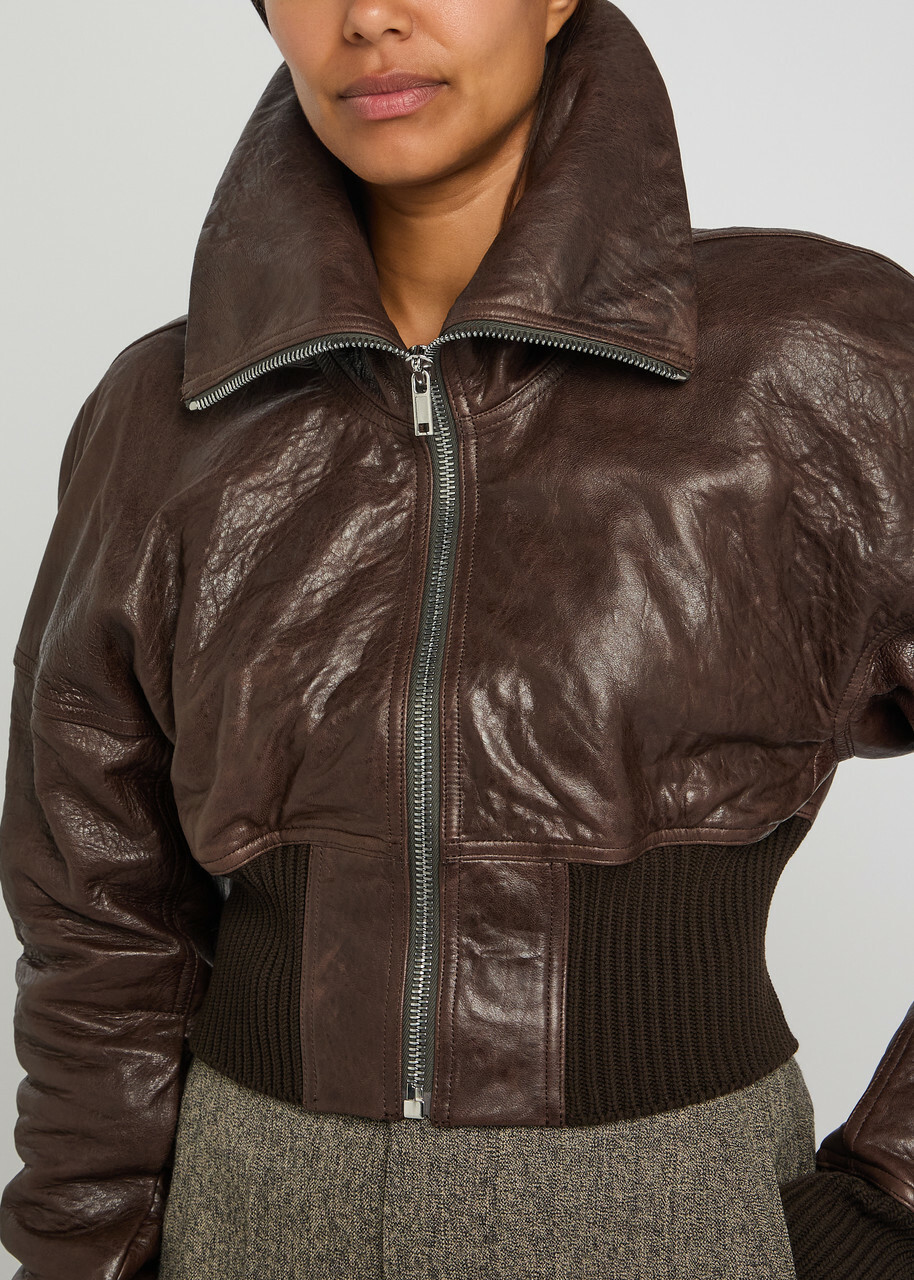 Rick Owens Dracuflight Cropped Leather Bomber Jacket Dark Brown