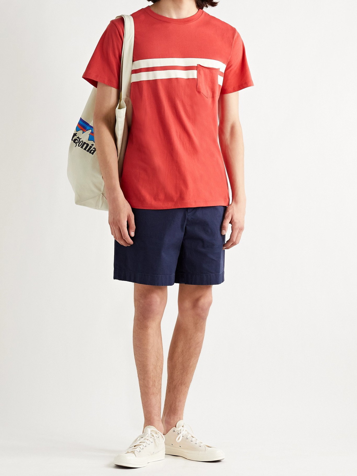 BIRDWELL - Comp Striped Cotton-Jersey T-Shirt - Red