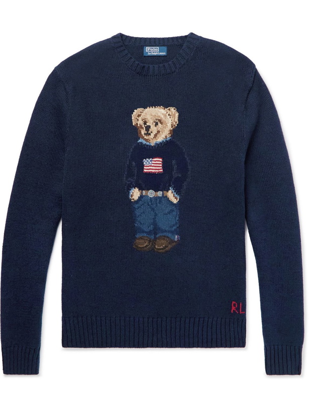 Photo: Polo Ralph Lauren - Logo-Embroidered Intarsia Cotton and Linen-Blend Sweater - Blue