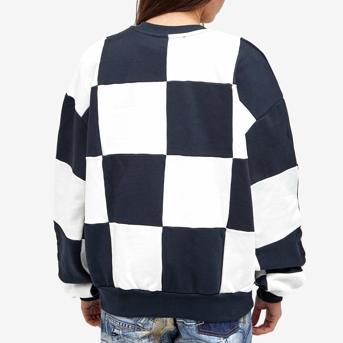 Sunnei Women's Dama Patchwork Crew Sweater in Off White/Dark Blue
