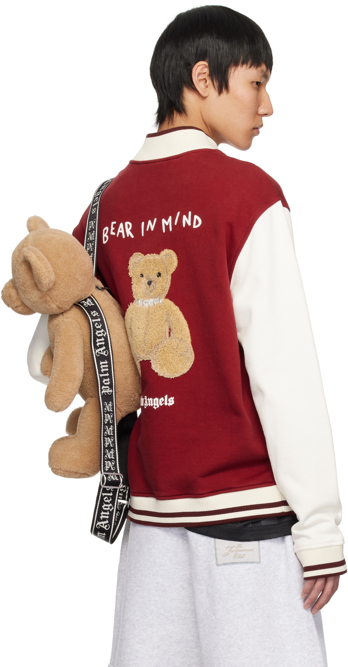 Palm Angels Red & White 'Bear in Mind' Varsity Bomber Jacket