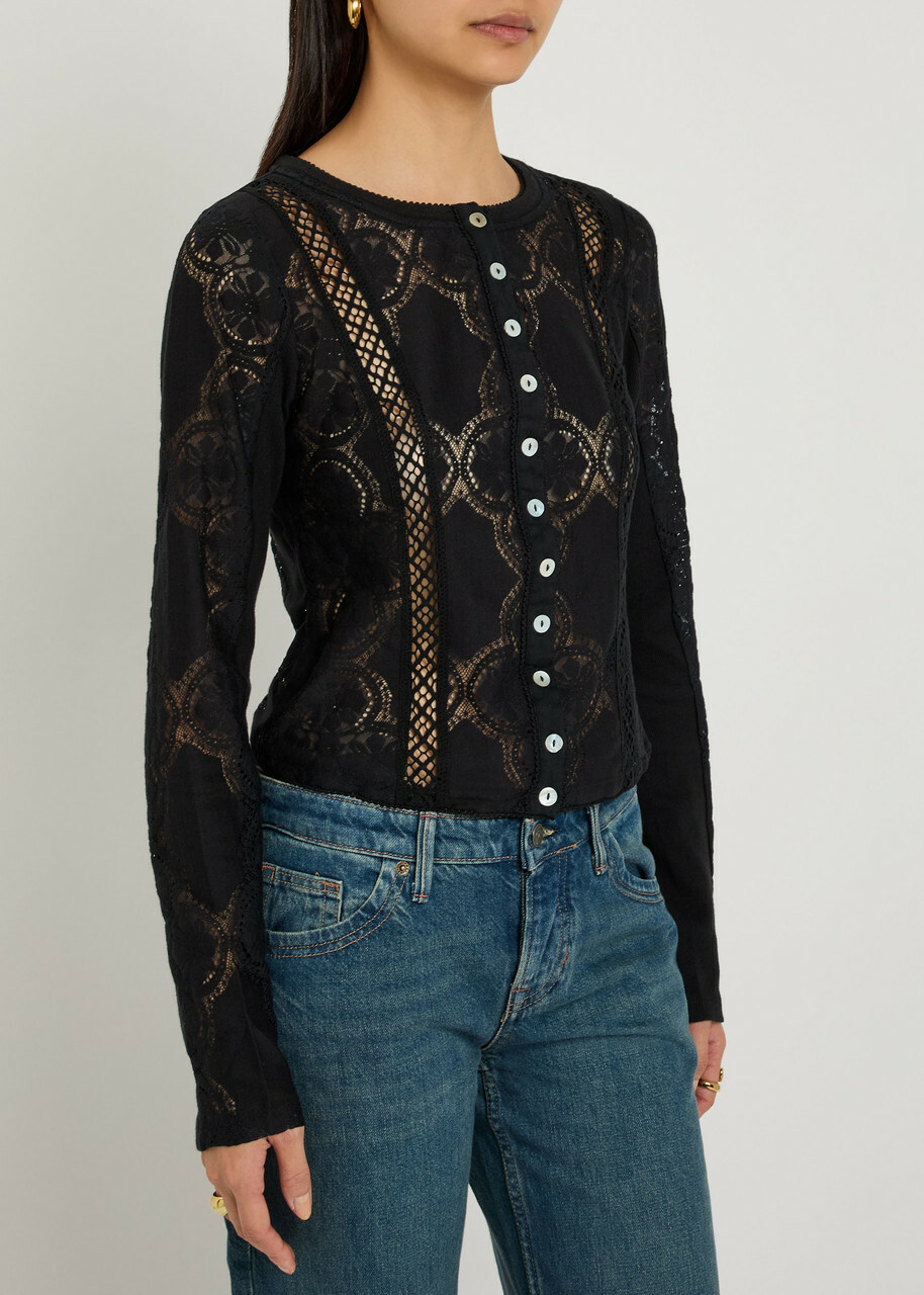 Free People Jae Lace-cutwork Cotton-blend top Black
