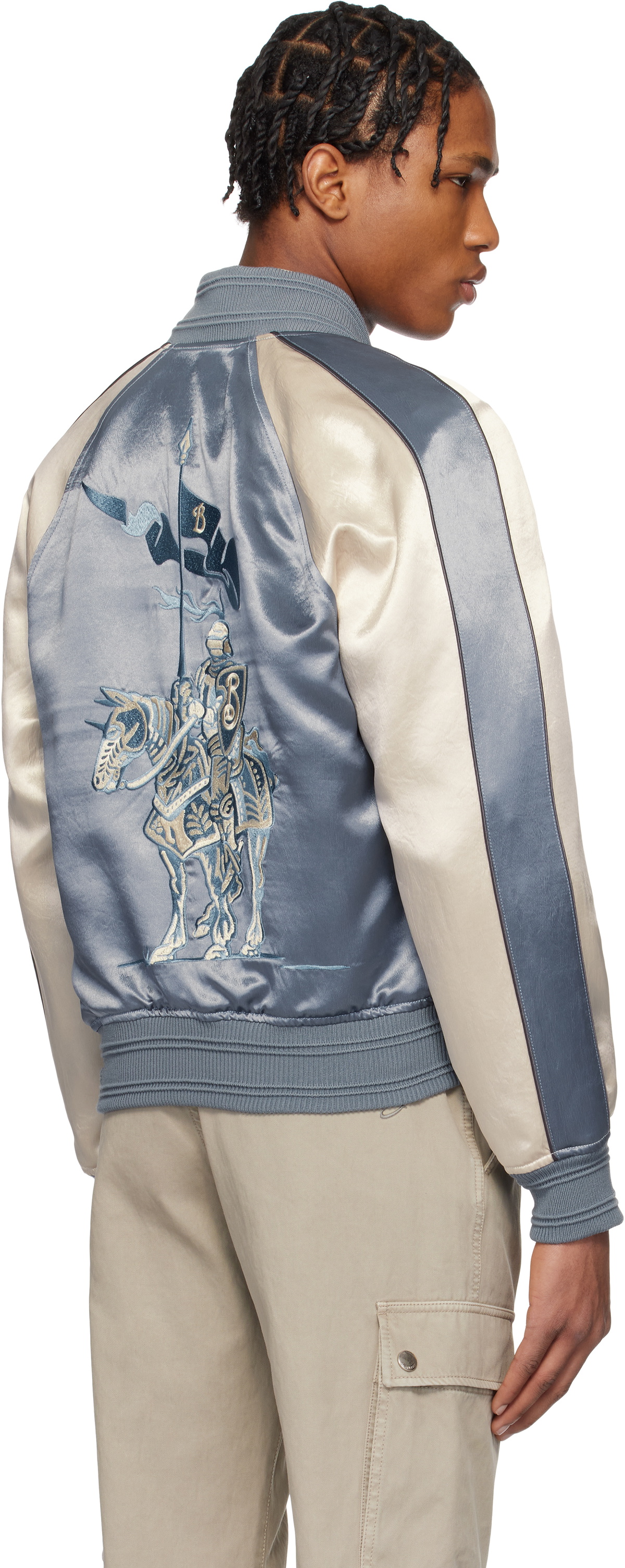 Burberry Blue & Off-White EKD Satin Bomber Jacket