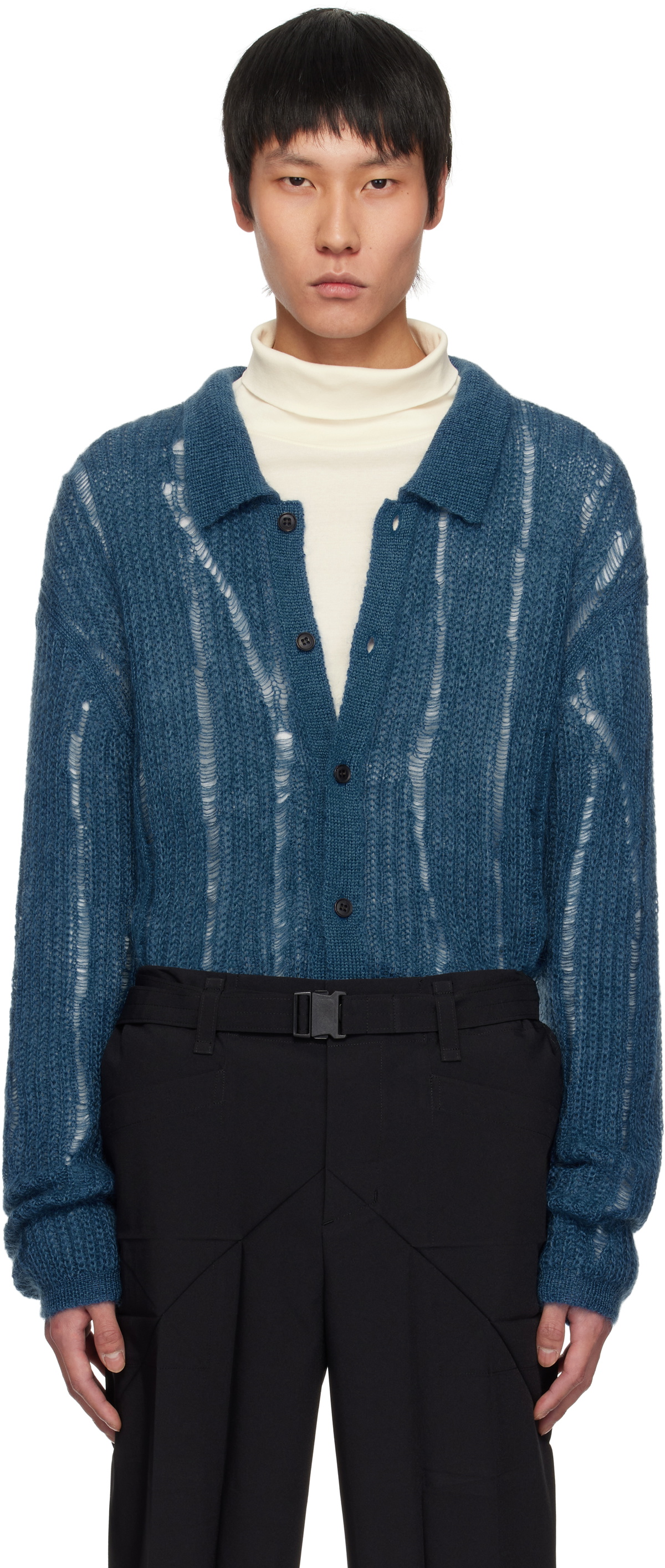 YOKE Blue Silk Kid Mohair Wool Buttoned Cardigan YOKE