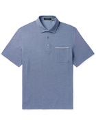 ERMENEGILDO ZEGNA - Leather-Trimmed Cotton-Piqué Polo Shirt - Blue - IT 46