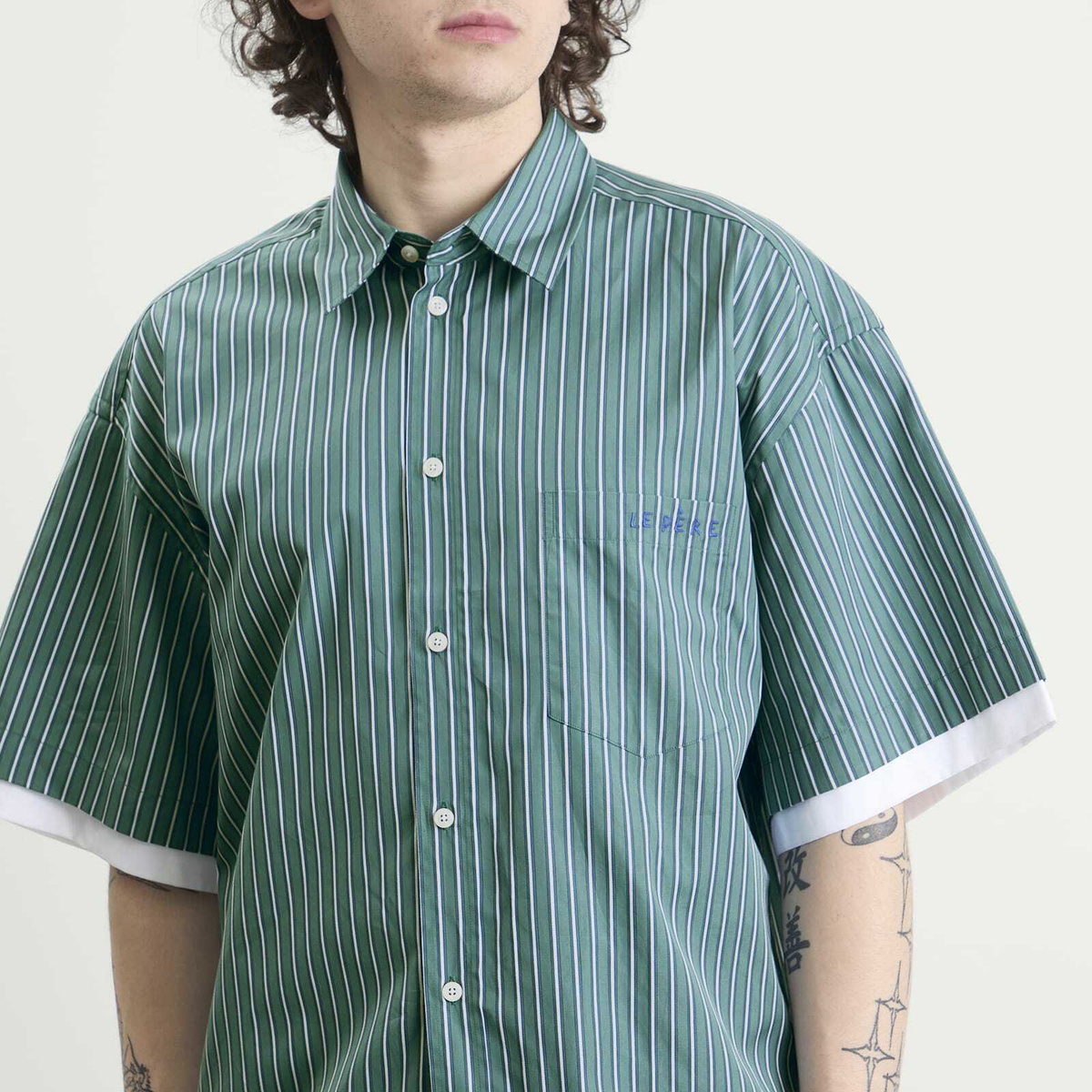 Le Père Men's Double Short Sleeve Shirt in Office Green
