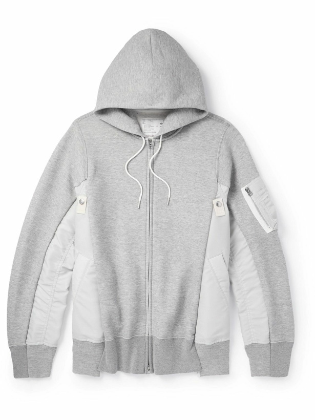 Photo: Sacai - MA-1 Nylon-Trimmed Cotton-Blend Jersey Zip-Up Hoodie - Gray