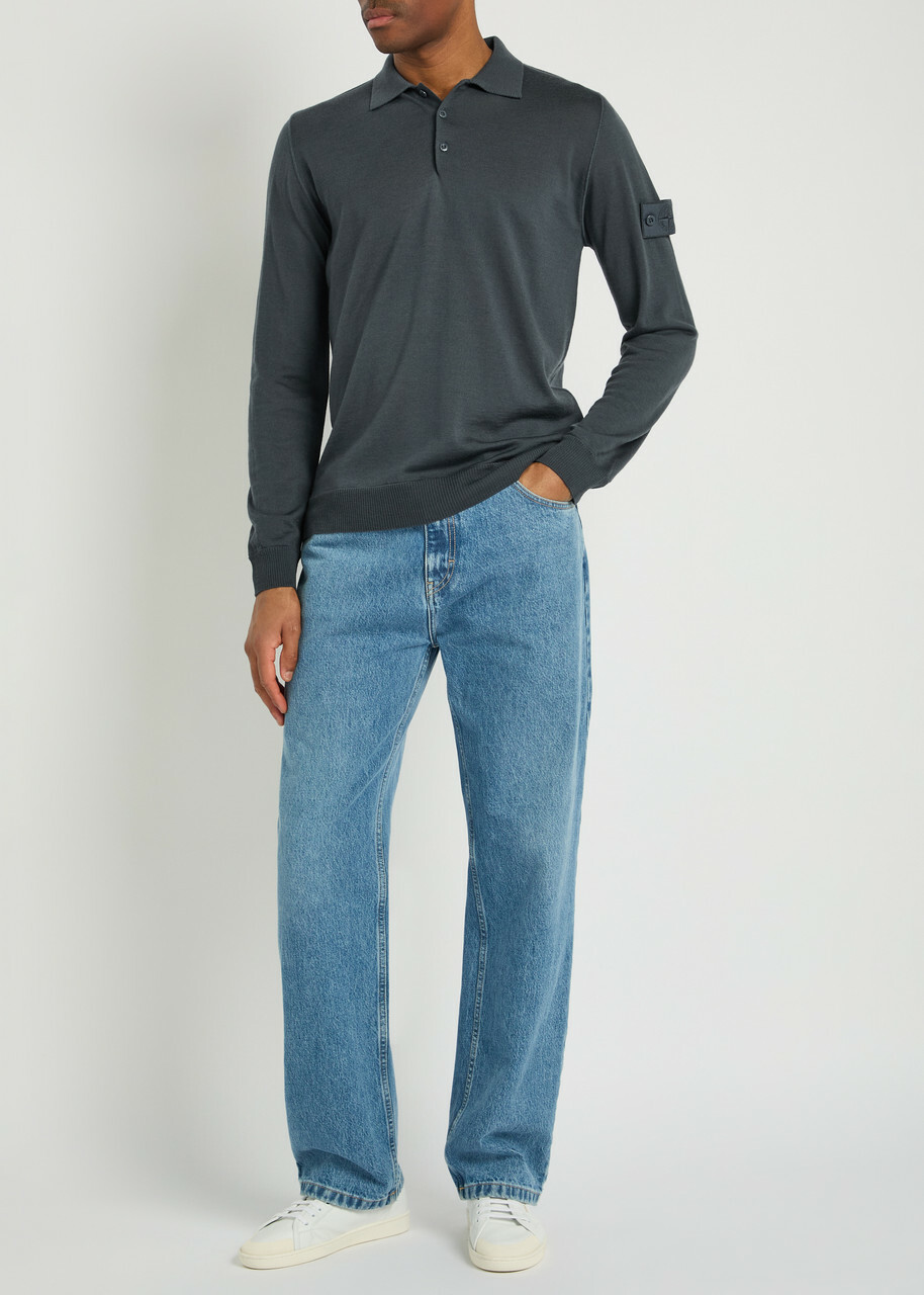 Stone Island Logo Wool Polo Shirt Blue