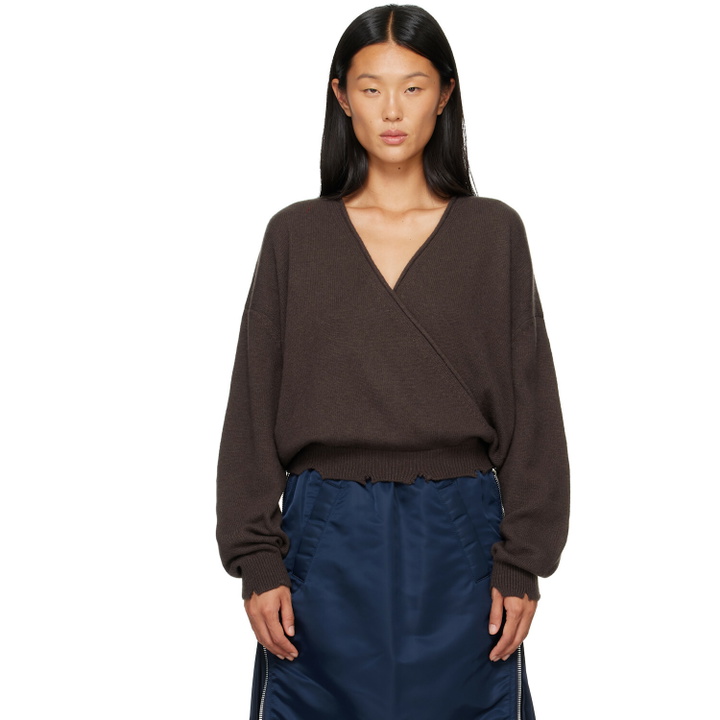 Photo: OPEN YY Brown Wool Criss Cross Wrap Knit Sweater