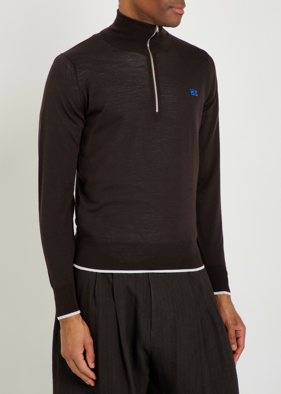 Wales Bonner Logo-embroidered Fine-knit Merino Wool Jumper Dark Brown