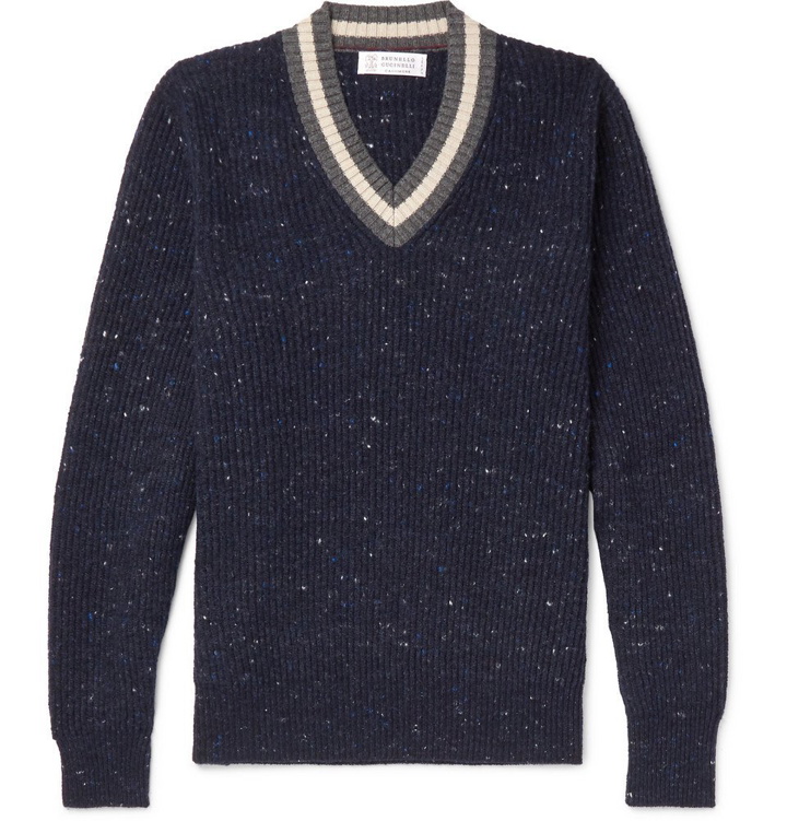 Photo: Brunello Cucinelli - Stripe-Trimmed Mélange Virgin Wool-Blend Sweater - Men - Blue