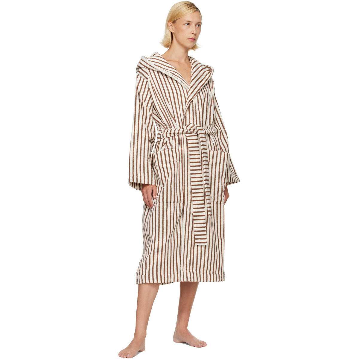 Tekla Brown & White Terry Hooded Bathrobe
