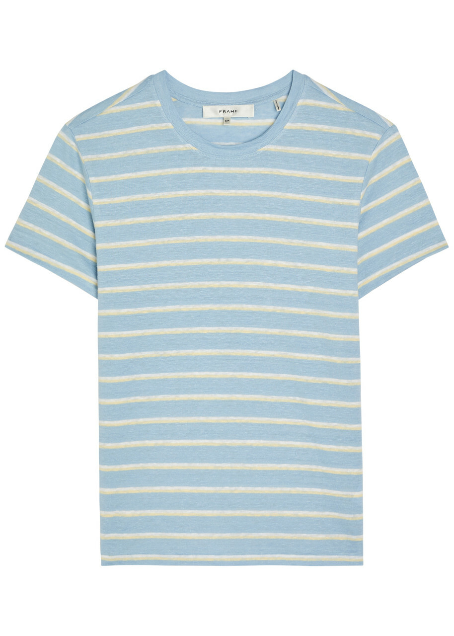 Frame The Linen Baby Striped Stretch-linen T-shirt Blue