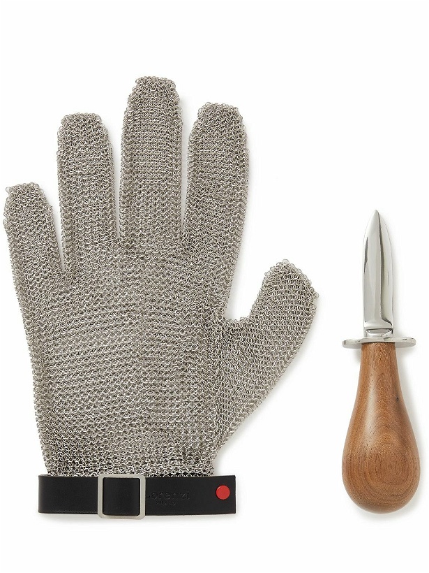 Photo: Lorenzi Milano - Stainless Steel, Wood and Leather Oyster Knife and Glove Set
