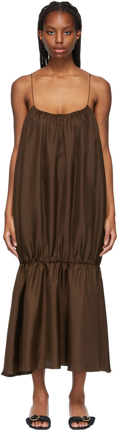 Esse Studios Brown Silk Gathered Strap Dress Esse Studios