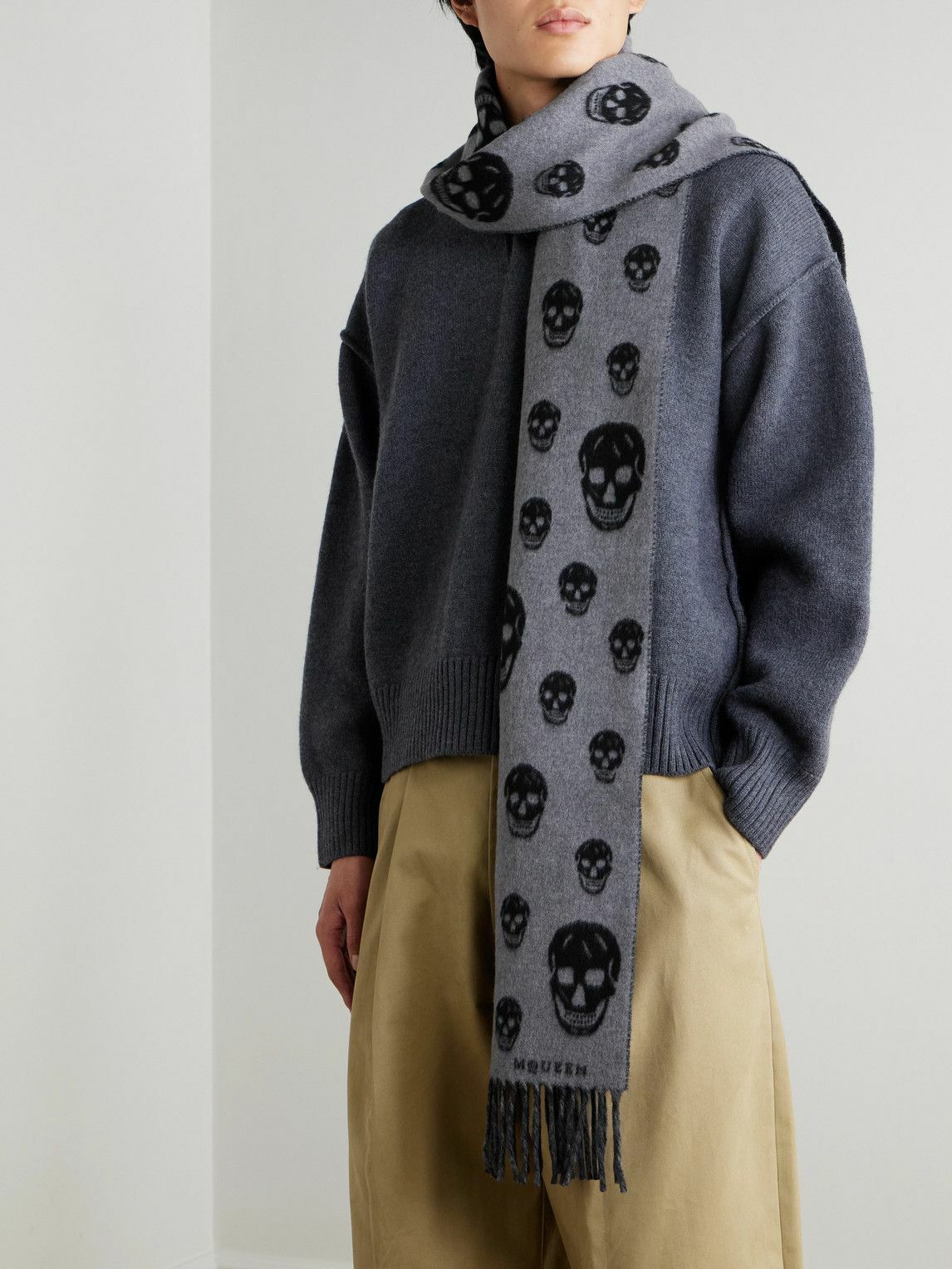 McQueen - Fringed Intarsia-Knit Wool and Cashmere-Blend Scarf