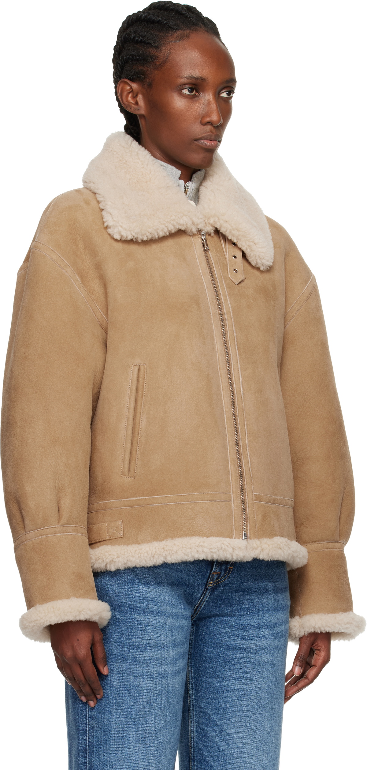 Nour Hammour Tan Portia Modern Shearling Aviator Jacket