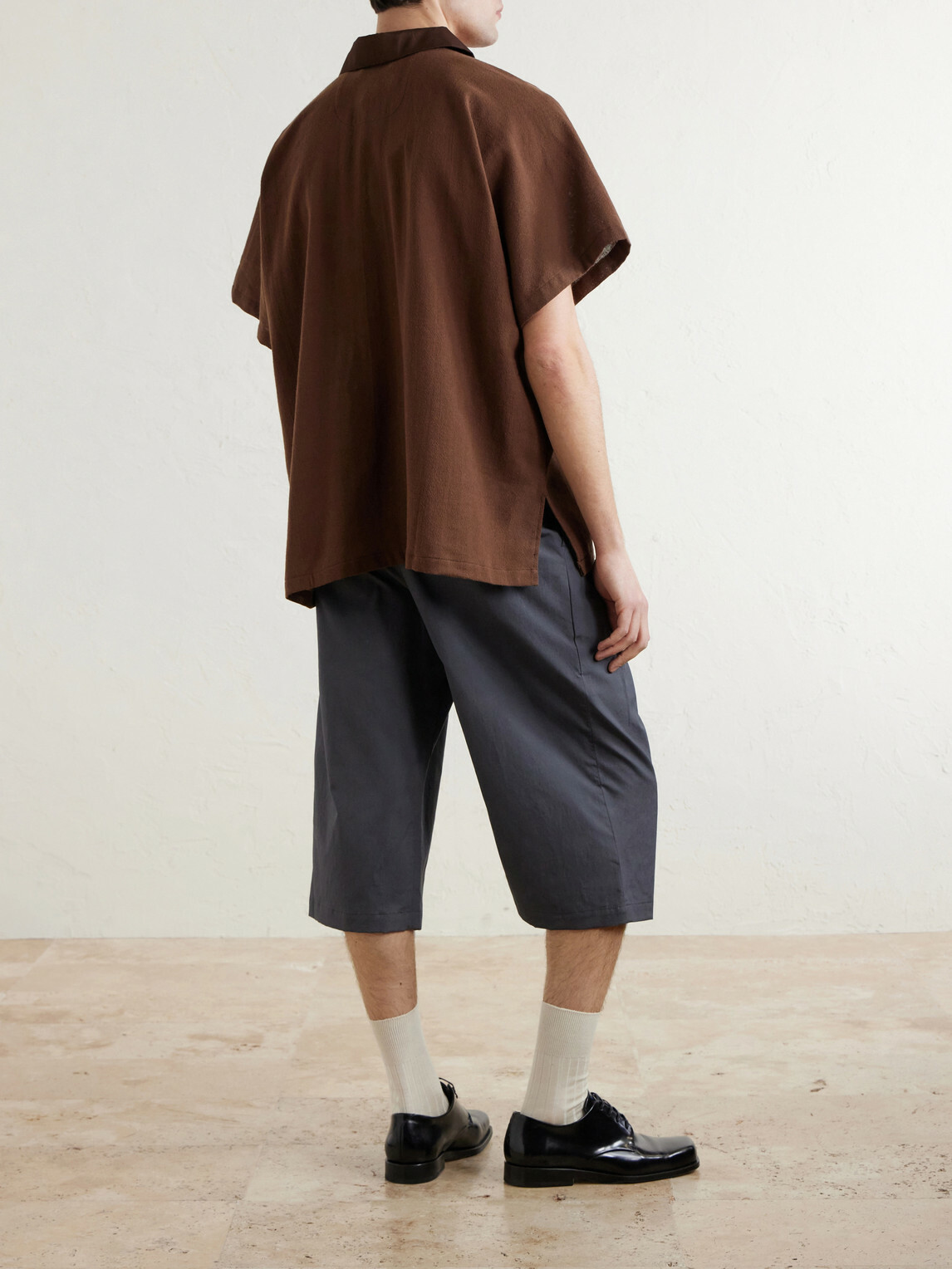 Monitaly - Wide-Leg Pleated Cotton Shorts - Gray